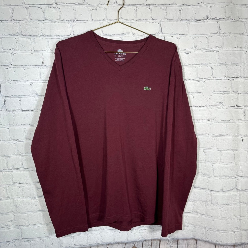 Lacoste Mens Pima Cotton Long Sleeve V-Neck T-Shirt Burgundy Maroon Size 7 XL